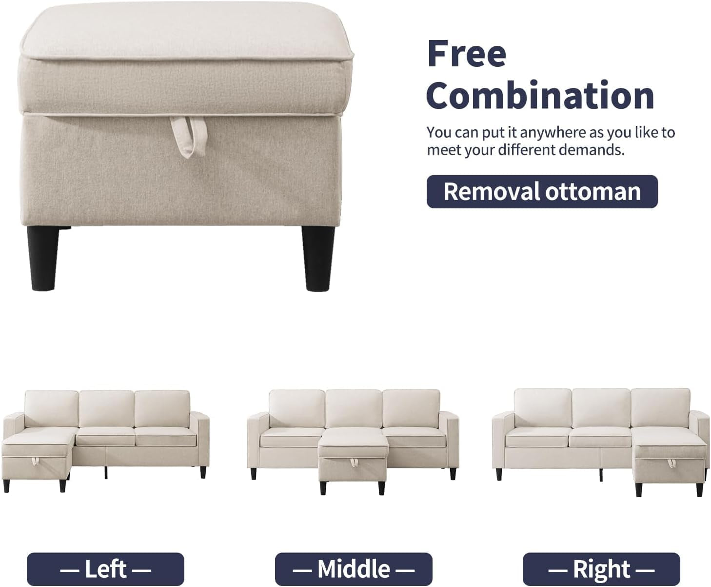 3PCS Sectional Sofa Set W/Ottoman,Modern Linen 6 Seater Couch Set with Movable Storage Ottoman & Side Pockets,3 Seat L Shaped Couch Loveseat and Armchair Living Room Furniture(3+2+1Seat/Beige)