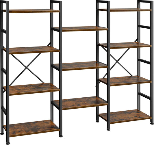 Triple Bookshelf, Bookcase with 11 Open Display Shelves, Wide Book Shelf Book Case for Home & Office, 4 Tier, Rustic Brown