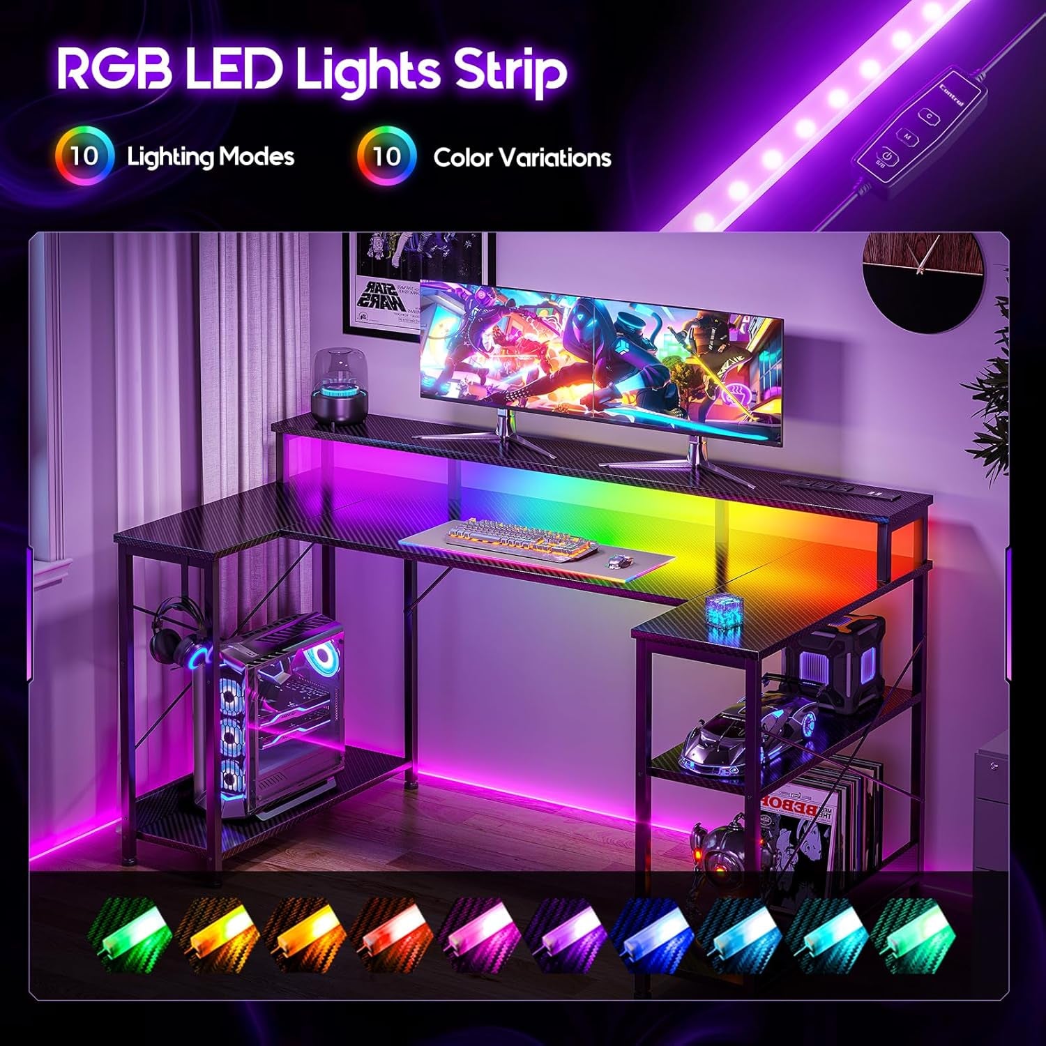 55 Inch Gaming Desk with LED Lights and Power Outlet, U-Shaped Computer Desk with Monitor Stand and Storage Shelves, PC Gamer Table for Home Office, Carbon Fiber Black