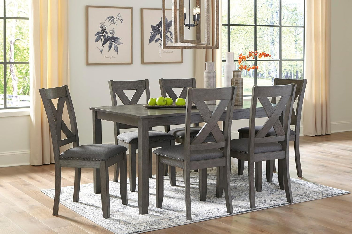 Caitbrook Rustic 7-Piece Dining Set – Rectangular Table with 6 X-Back Upholstered Chairs, Gray