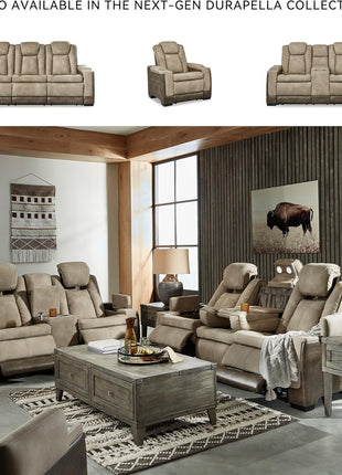 Signature Design by Ashley Next-Gen Durapella Power Reclining Sofa with Wireless & USB Charging, Zero-Gravity Feature, Adjustable Headrest, Water-Repellent Faux Leather, Drop-Down Table in Beige/Brown, 86 Inches