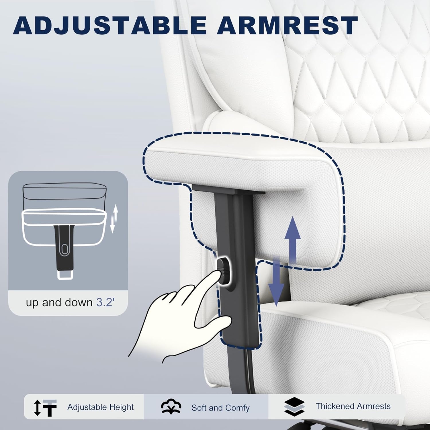 Big and Tall Office Chair with Footrest, High Back Executive Desk Chair with Adjustable Lift Armrest, 155°Recline，Lumbar Support Pillow, Faux Leather Gaming Chairs for Home or Office White