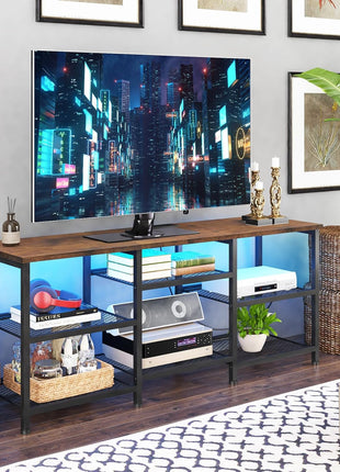 Rustic Brown TV Stand for Living Rooms, Supports TVs up to 55 Inches, Equipped with Power Outlet and LED Lighting, Open Storage Shelves, Perfect for Bedrooms