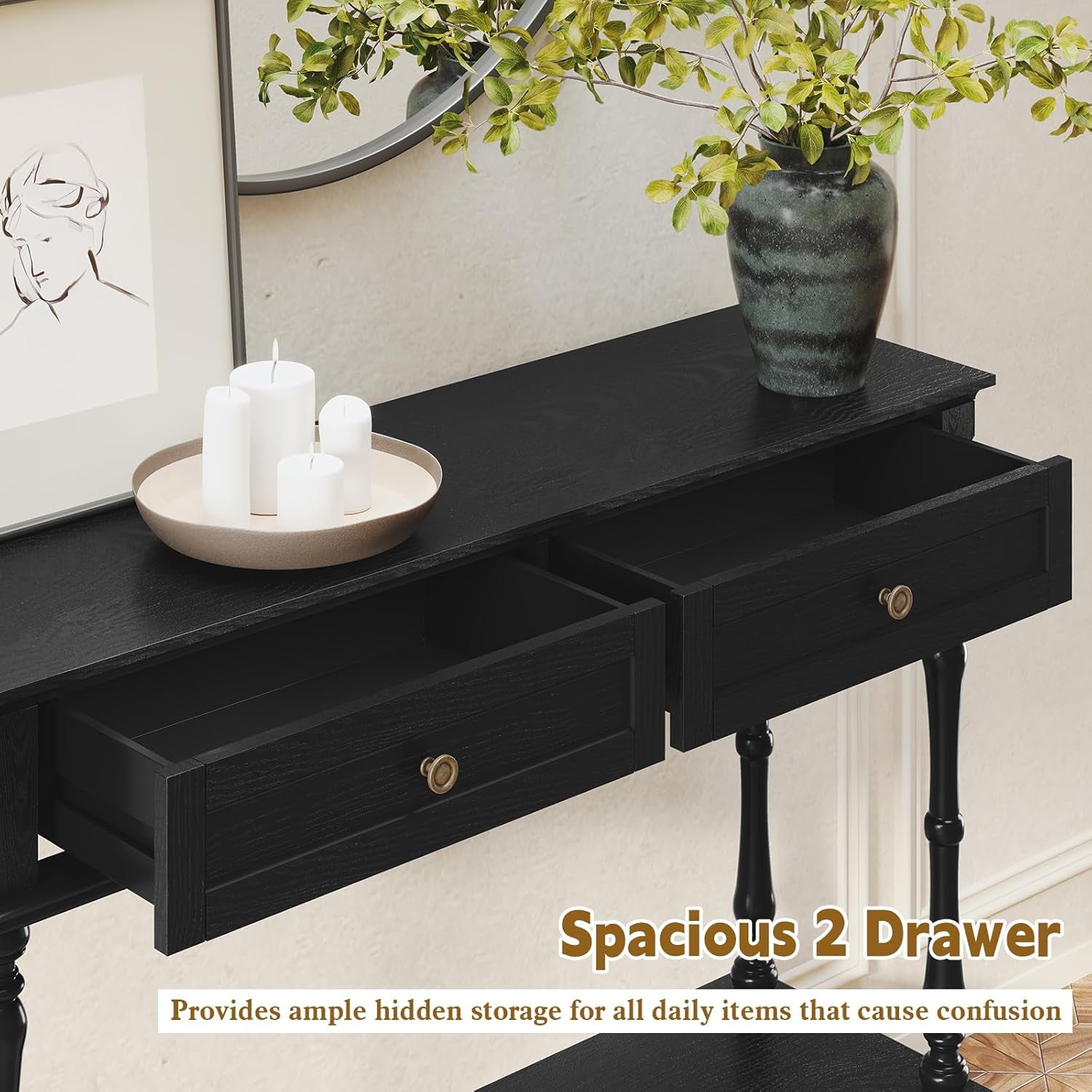Console Table for Entryway with 2 Drawers-Minimal Assembly,Black Retro Entryway Table with Storage Cabinets and Open Shelf,Narrow Long Couch Table behind Sofa for Living Room,Foyer,Hallway