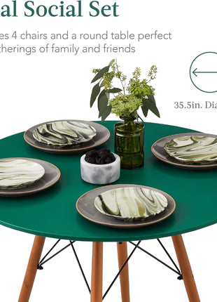 5-Piece Mid-Century Modern Dining Set Featuring Compact Table and Four Chairs in Dark Green and Walnut Finish with Plastic Seats, Wooden Legs, and Metal Frame