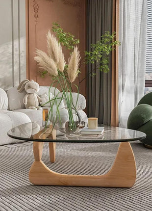 Contemporary Round Glass Coffee Table - 32.68" Diameter x 22.44" Width x 15.75" Height, Abstract Design for Living Room and Home Office, Industrial Style with Clear Glass Finish