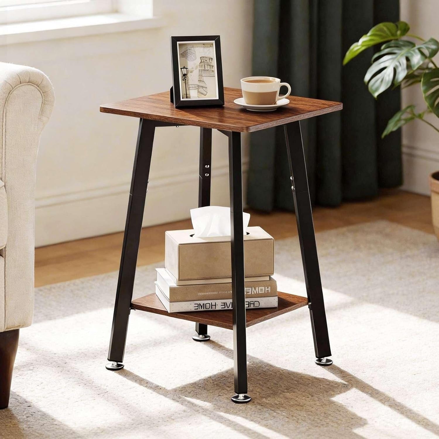 Brown Side Table, 2-Tier Small Square End Table for Small Spaces, Living Room, Bedroom