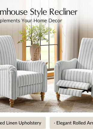 Farmhouse Recliner Armchair with Solid Wood Spindle Legs, Adjustable Backrest and Footrest, Comfortable High Back Single Sofa for Living Room, Blue Striped Design