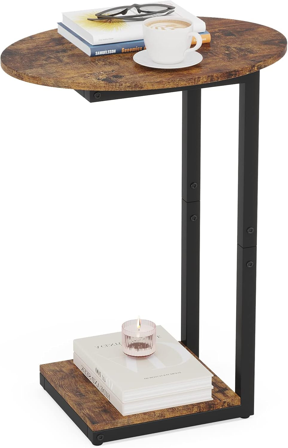 Side Table Small End Table, C-Shaped Wood Sofa Table with Metal Frame for Living Room, Bedroom, Small Spaces (Rustic Brown)