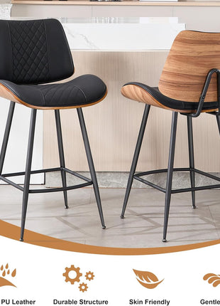 Set of 2 Modern Counter Height Barstools, 26.9" Armless Design with Metal Legs, Walnut Finish, PU Leather Bentwood Chairs for Home Counter, Kitchen Island, and Cafe (Black)