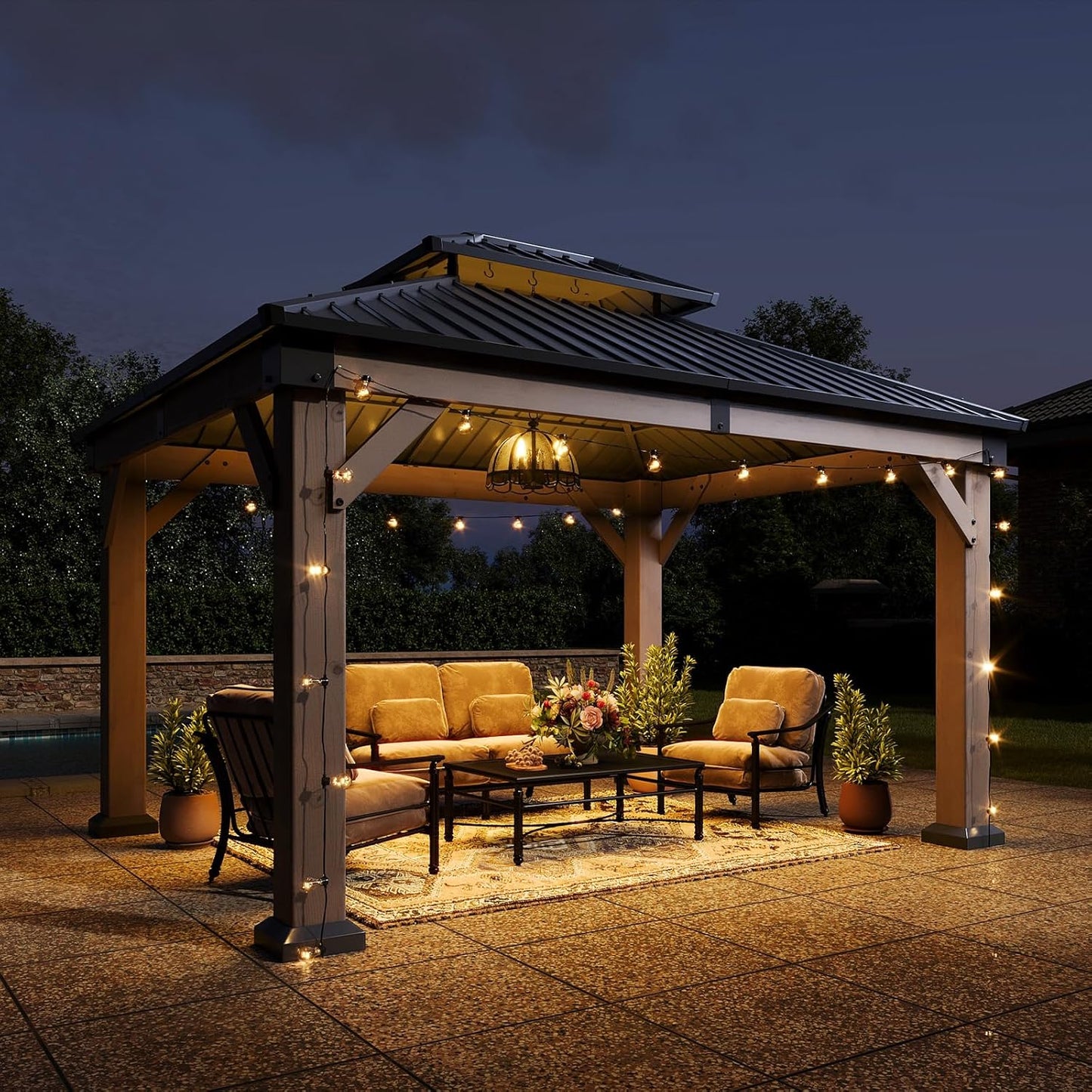 10' X 12' Outdoor Wood Gazebo, Hardtop Gazebo Permanent Wooden Pavilion with Galvanized Steel Double Roof, for Patio, Garden, Deck, Cedar Wood