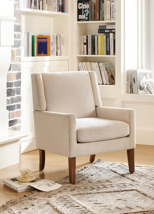 Contemporary Upholstered Wingback Accent Chair with Lounge Seat and Wooden Legs for Office, Bedroom, and Reading Spaces in Beige