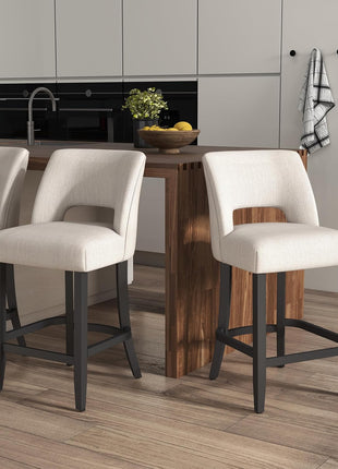 Set of 2 Modern Upholstered Counter Height Bar Stools, 26" with Black Legs, Beige Fabric for Kitchen Island and Dining Room