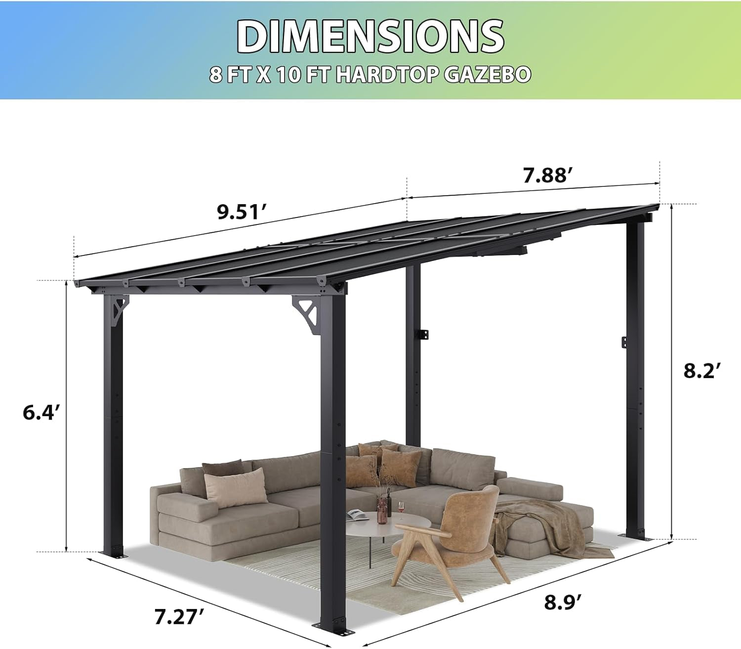 8'X 10' Premium Gazebo with Aluminum Top Frame & Polycarbonate Panel, Wall Mounted Gazebos Pergola, Outdoor Patio Lean to Gazebo, Awnings with Sloped Roof, for Backyard, Porch, Deck