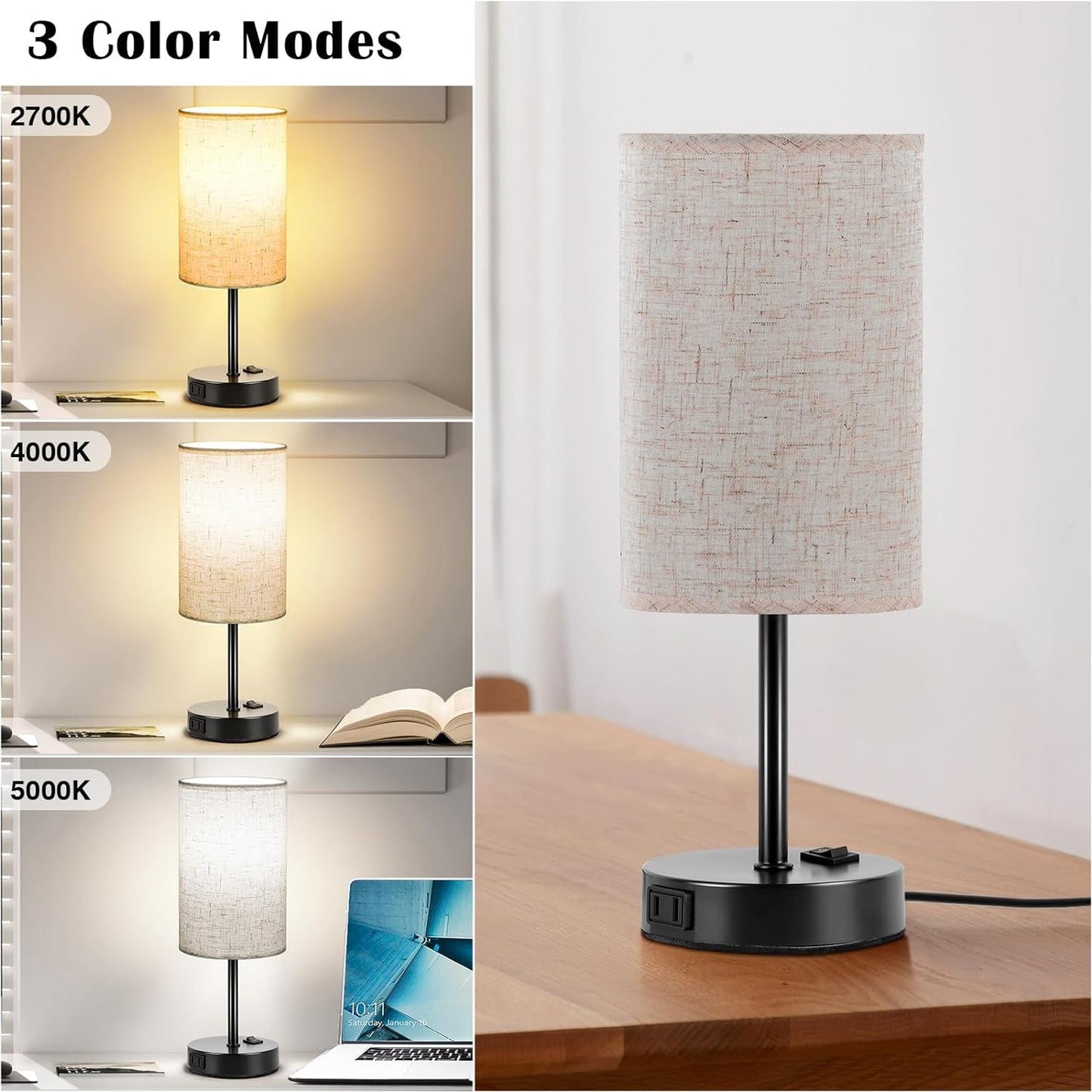 Table Lamp for Bedroom Set of 2, Bedside Small Lamps with 3 Way Dimmable Rocker Switch and AC Outlet, Nightstand Desk Lamp with Flaxen Fabric Shade Black Base for Living Room Home Decor Lights