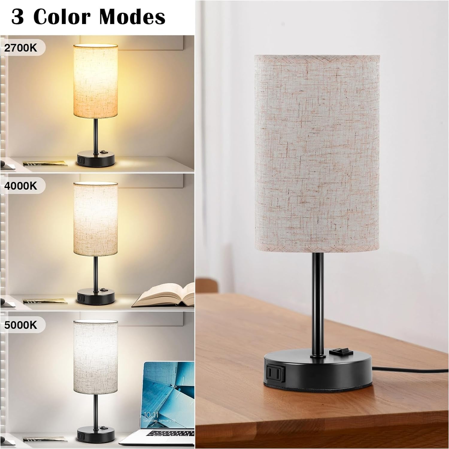 Table Lamp for Bedroom Set of 2, Bedside Small Lamps with 3 Way Dimmable Rocker Switch and AC Outlet, Nightstand Desk Lamp with Flaxen Fabric Shade Black Base for Living Room Home Decor Lights