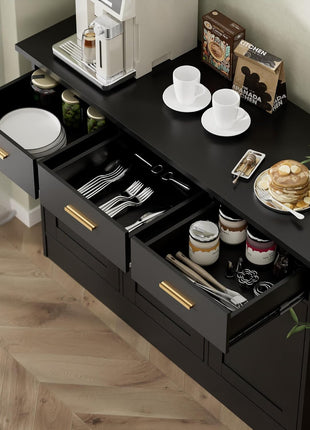Elegant Buffet Cabinet with Storage - 47.2"W Wood Console Table for Kitchen and Living Room, Black Finish with 3 Doors and Drawers