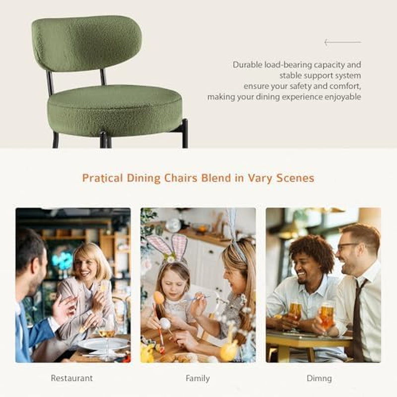 Dining Chairs Set of 4, Mid Century Modern Chair round Upholstered Curved Backrest, Kitchen Vanity Living Room Chairs with Black Metal Legs, Green