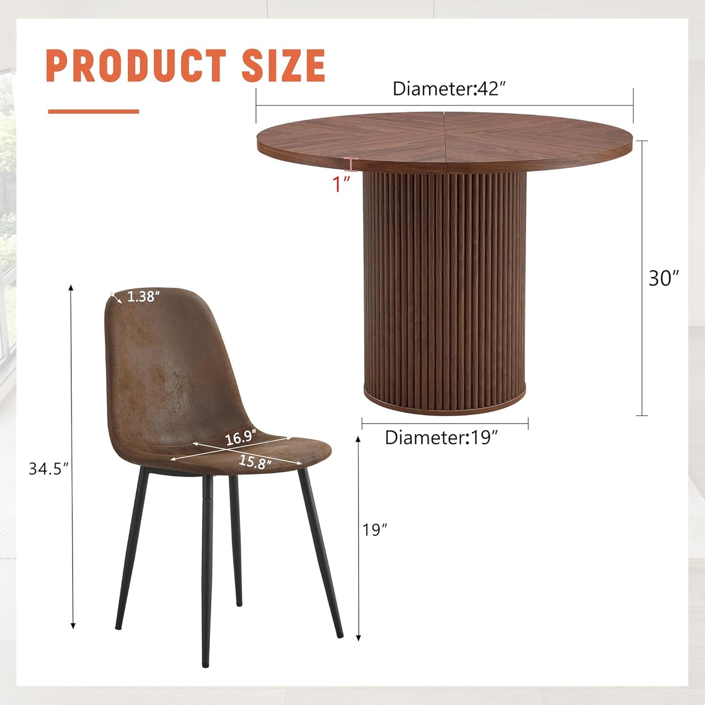 round Dining Table Set for 4, Wooden round Table 5-Piece with Modern Farmhouse Dining Table and 4 Suede Leather Chairs for Kitchen Dining Room, Walnut Table + 4 Brown Chairs