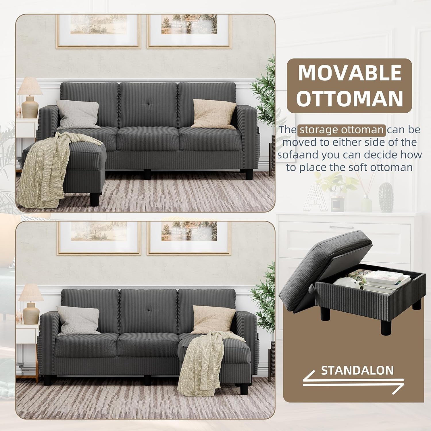 Convertible Sectional Couches for Living Room, L-Shaped Couch 3 Seat Sectional Sofa Set with Corduroy Fabric and Movable Ottoman Small Couch for Apartments, Office（Dark Grey）