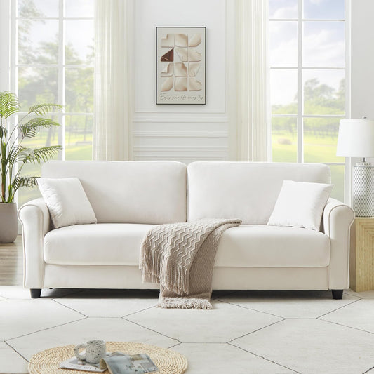 82.48" Velvet Upholstered Sofa Couch,3 Seater Couch Loveseat Sofa Furniture Comfy Couches for Living Room, Bedroom, Small Space(Beige White)