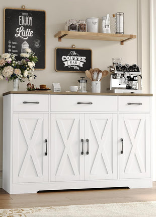 55" Buffet Cabinet with Drawers and Shelves, Modern Farmhouse Sideboard Storage for Kitchen and Dining Room, White/Rustic Finish
