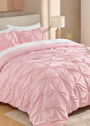 Pink Full Size Comforter Set, 3-Piece Soft Lightweight Pinch Pleat Design, All-Season Down Alternative Bedding for Kids, Girls, and Teens (79x90 Inches)