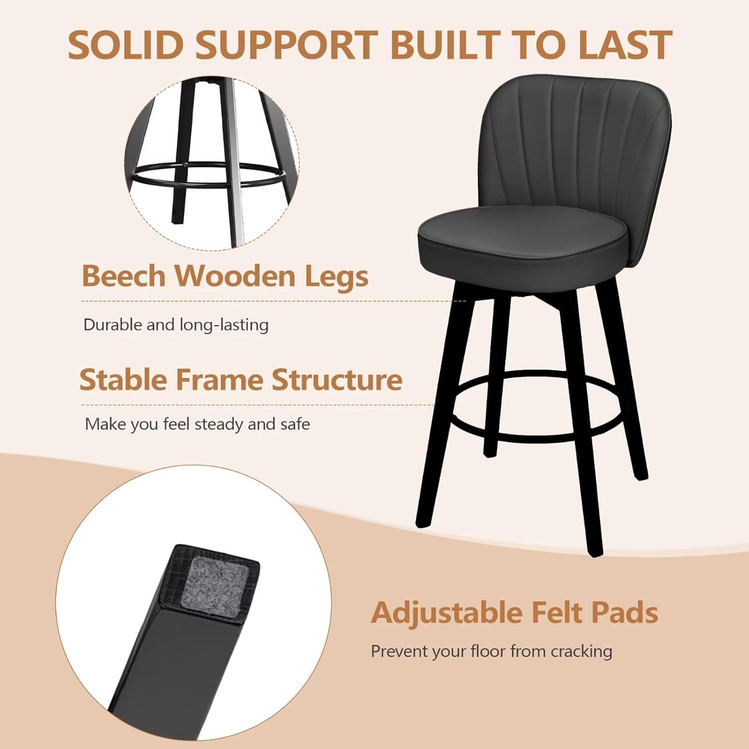 Bar Stools Set of 2, PU Leather Barstools, 26 Inch Upholstered Counter Stools with Backrest and Footrest, Swivel Counter Height Barstools for Kitchen Island Home Bar Dark Gray