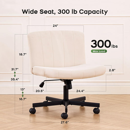 Criss Cross Chair with Wheels, Wide Cross Legged Desk Chair, Comfy Fabric Vanity Chair for Home Office Bedroom, Adjustable Armless Swivel Task Chair with 90–115° Tilt, Beige