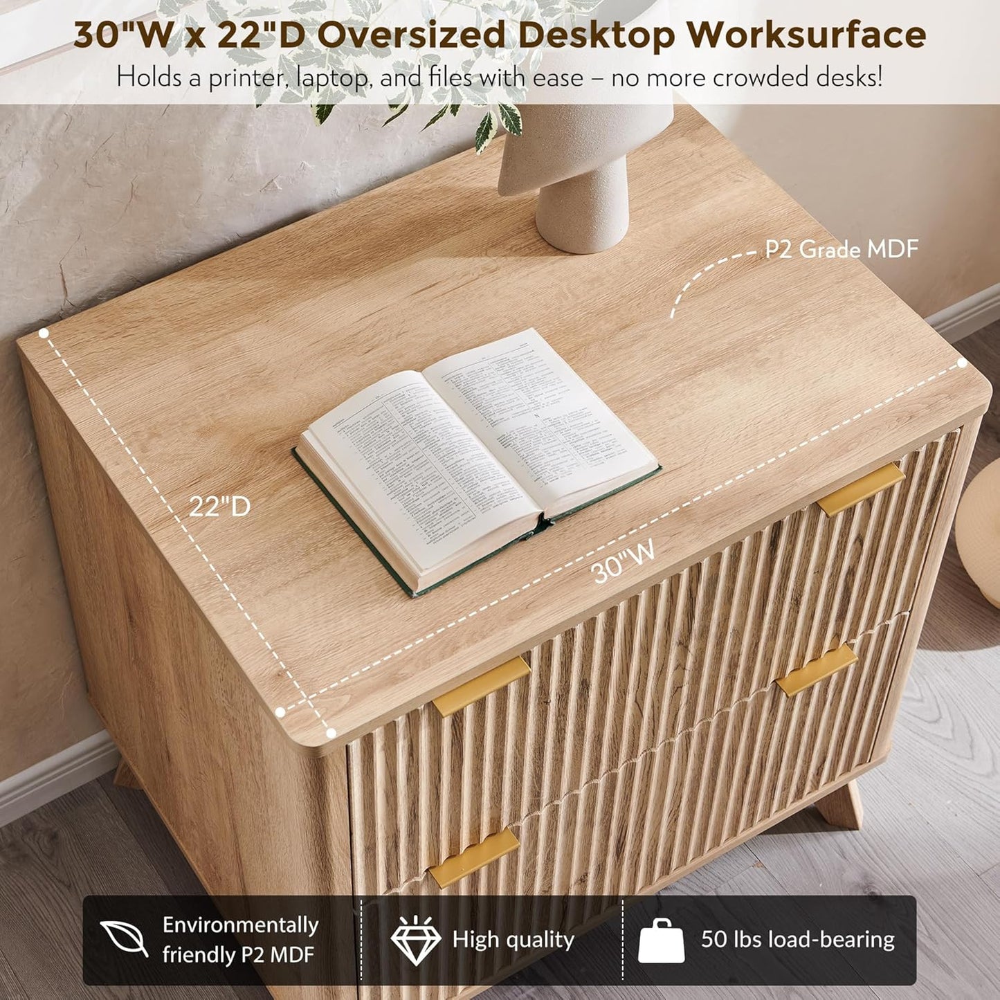 2 Drawer File Cabinet, 30" Fluted Lateral File Cabinet W/Files Hanging Rod for Letter/Legal/A4, Large Tabletop for Printer, Office Wood Printer Cabinets, Natrual Oak