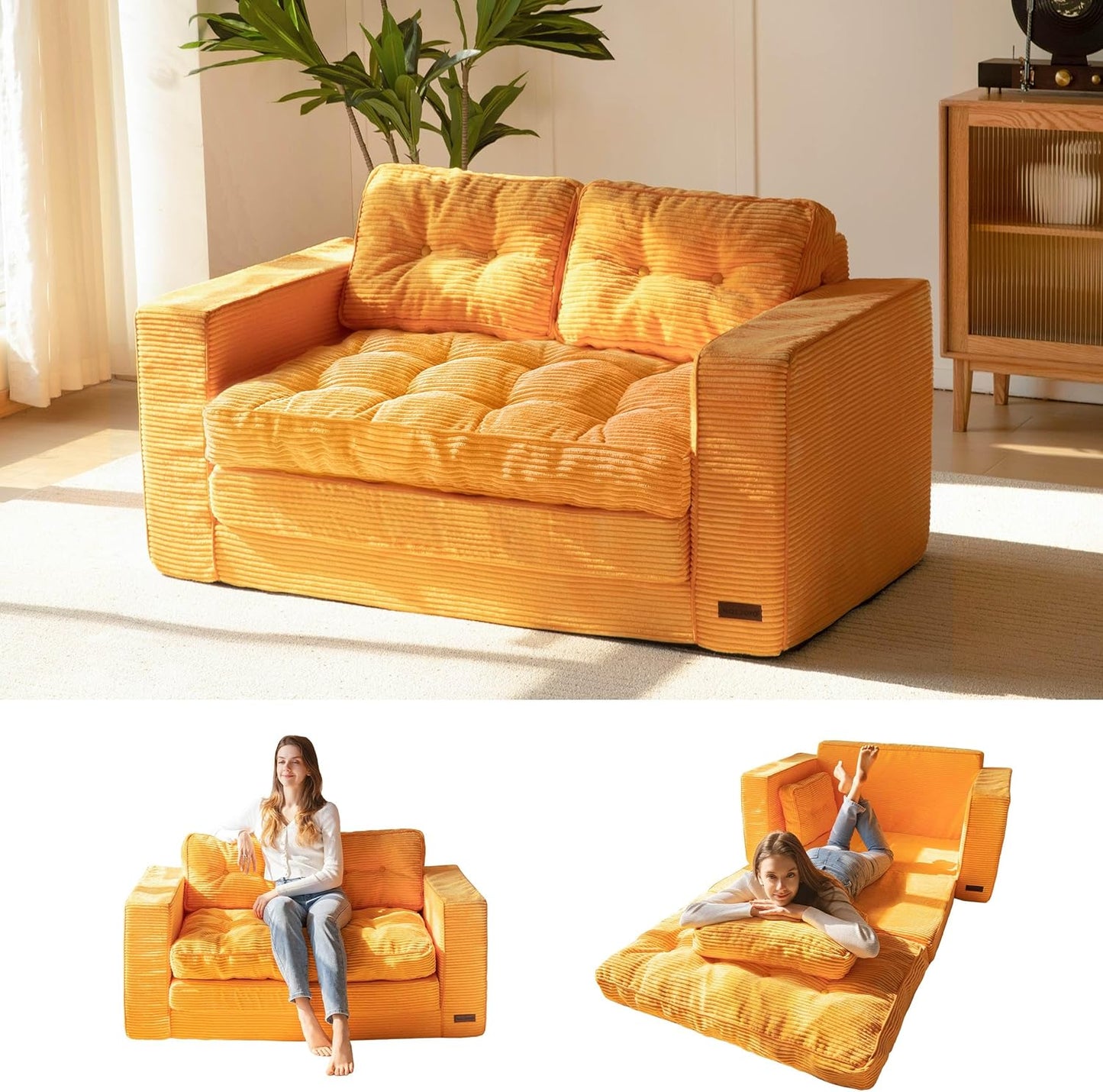 Convertible Sofa Bed, Pull Out Loveseat Sleeper Sofa, 2 in 1 Folding Couch Bed, Fold Out Floor Couch with Pillows for Living Room Bedroom Lounge, Orange