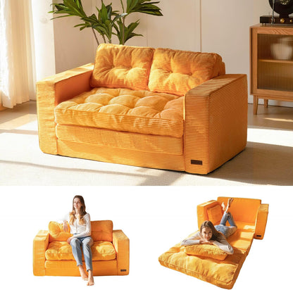 Convertible Sofa Bed, Pull Out Loveseat Sleeper Sofa, 2 in 1 Folding Couch Bed, Fold Out Floor Couch with Pillows for Living Room Bedroom Lounge, Orange