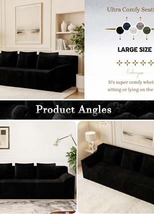 71-Inch Modern Corduroy Sofa with Deep Seats and 3 Lumbar Pillows, Compressed Design for Living Room, Office, or Apartment, No Assembly Required, Curved Armrests (Black)