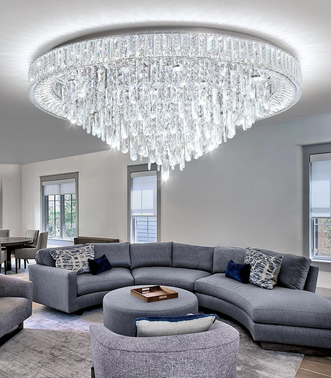 Crystal Chandeliers Modern LED Dimmable Flush Mount Ceiling Chandeliers for Living Room High Ceiling Entrance Foyer Bedroom Dining Room