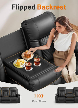 4-Seater Dual Reclining Sofa with Flip-Back Console, Modern PU Leather Couch for Living Room/RV, Featuring Storage Drawer, USB Ports, Cup Holder, and Cell Phone Holder in Black
