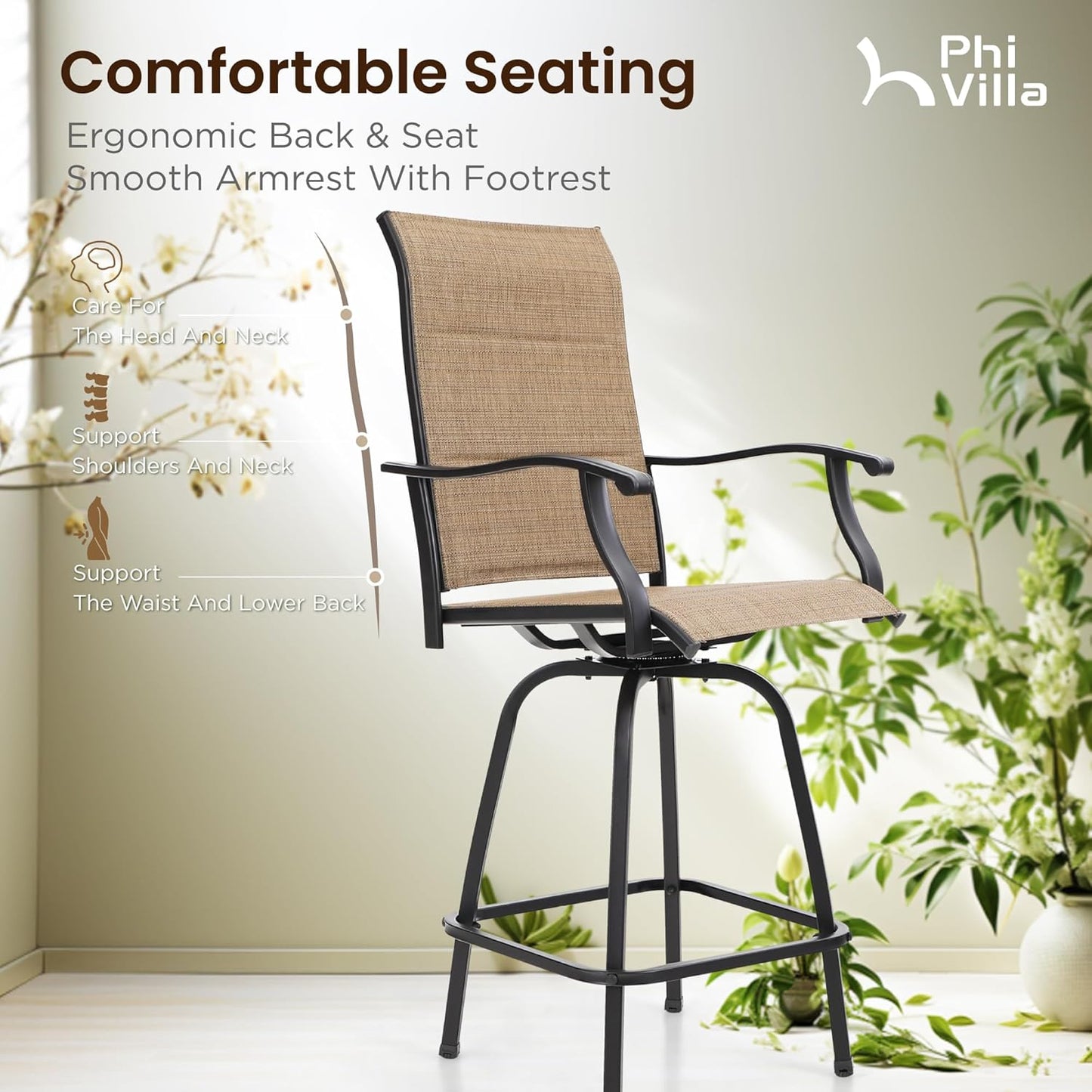 Outdoor Swivel Bar Stools Set of 2, High Top Patio Chairs with Padded Textilene Seating, All-Weather Bar Height Furniture for Kitchen or Outside, Padded Brown Textilene