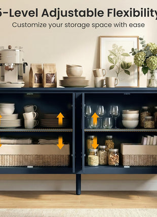 59" Vintage Buffet Cabinet with Adjustable Shelves and Carved Handle, Mid-Century Modern Navy Blue Sideboard for Kitchen and Dining Room