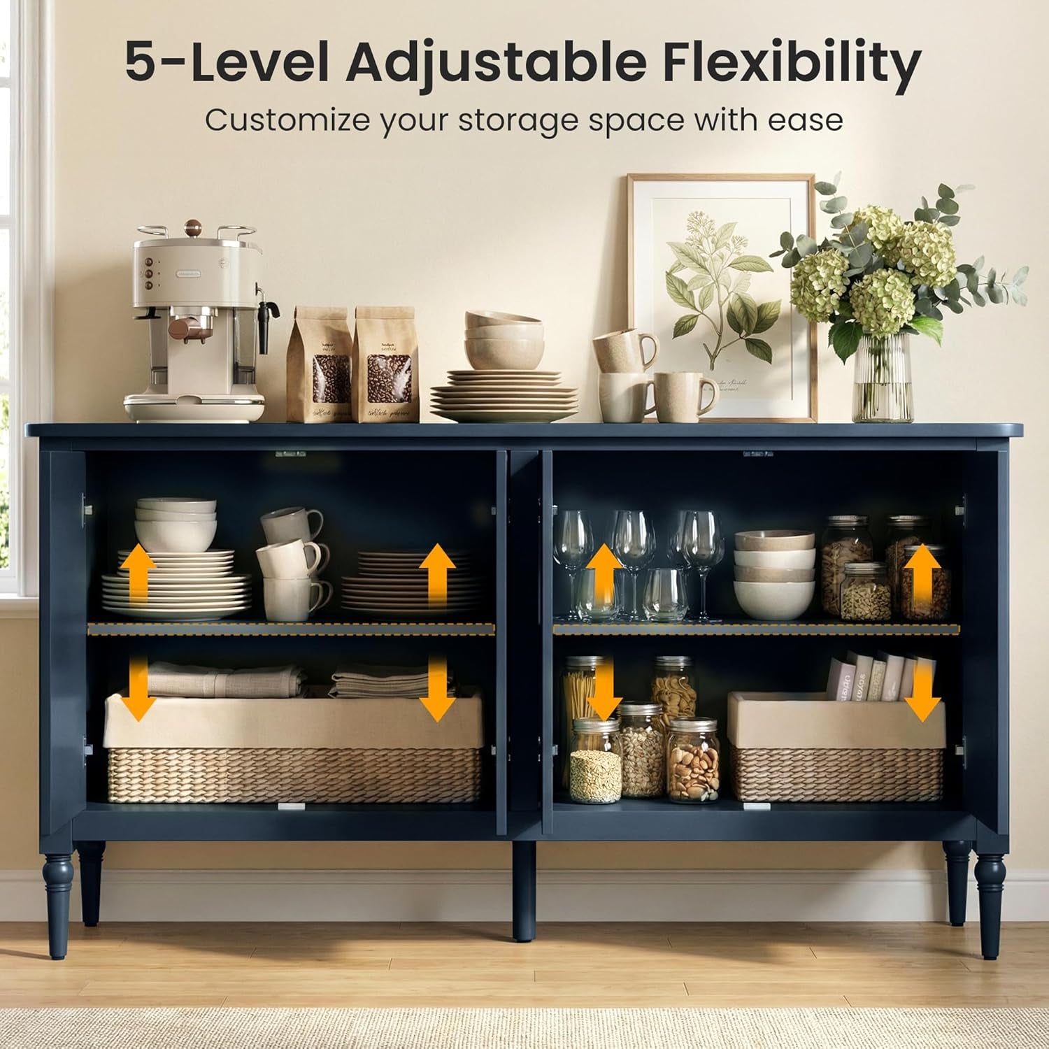 59" Buffet Cabinet with Storage, Vintage Sideboard with Adjustable Shelves & Carved Handle, Mid Century Modern Painted Credenza Coffee Bar for Kitchen, Dining Room, Navy Blue