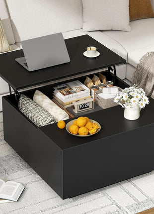 Lift-Top Coffee Table with Concealed Storage, Square Wood Design for Living Room and Home Office, Black Finish