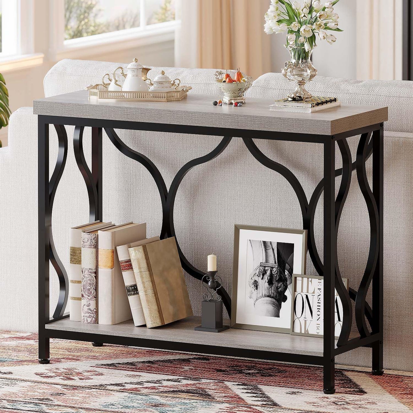 Narrow Entryway Table with Storage, Modern Wood Metal Console Sofa Table behind Couch Tables, Industrial Narrow Hallway Table for Living Room Home Office Foyer Entry Way Entrance, Grey, 39.4 Inch