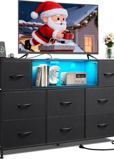 Elegant Black TV Stand Dresser for 45-55 Inch TVs, Entertainment Center with LED Lighting and Charging Station, Featuring 8 Fabric Drawers and Open Shelves for Living Room and Hallway, Wood Top Design