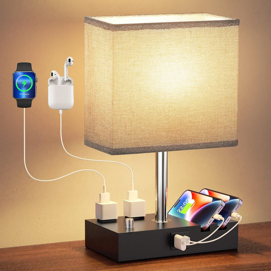 Fully Dimmable Nightstand Lamp for Bedroom with USB C Ports, Grey Small Bedside Table Lamp with Charging Outlets and Phone Stands, Wooden Desk Lamp for Living Room, LED Bulb Included