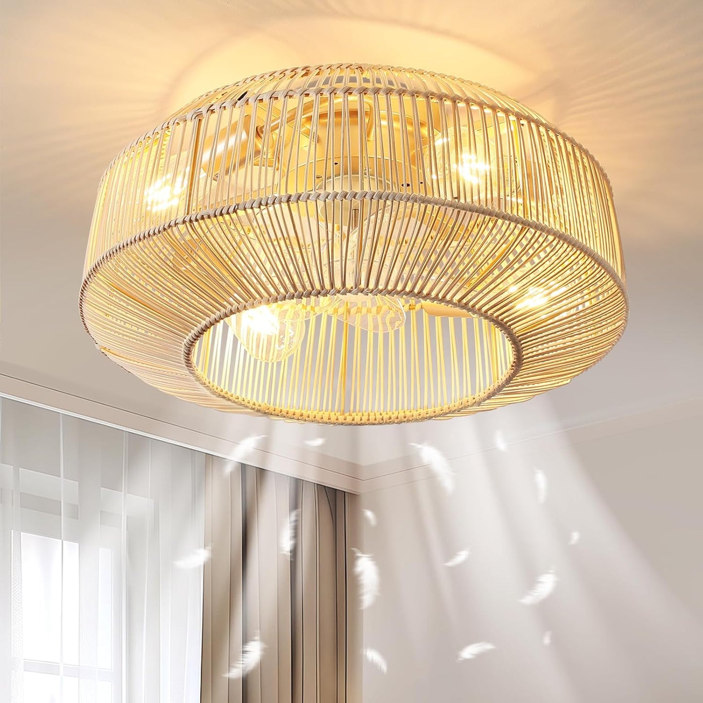 20" Boho Rattan Ceiling Fan with Lights, Flush Mount Caged Ceiling Fan with Remote, 6 Speed, Timing, Reversible Blades Enclosed Farmhouse Fan Lights for Bedroom, Kitchen