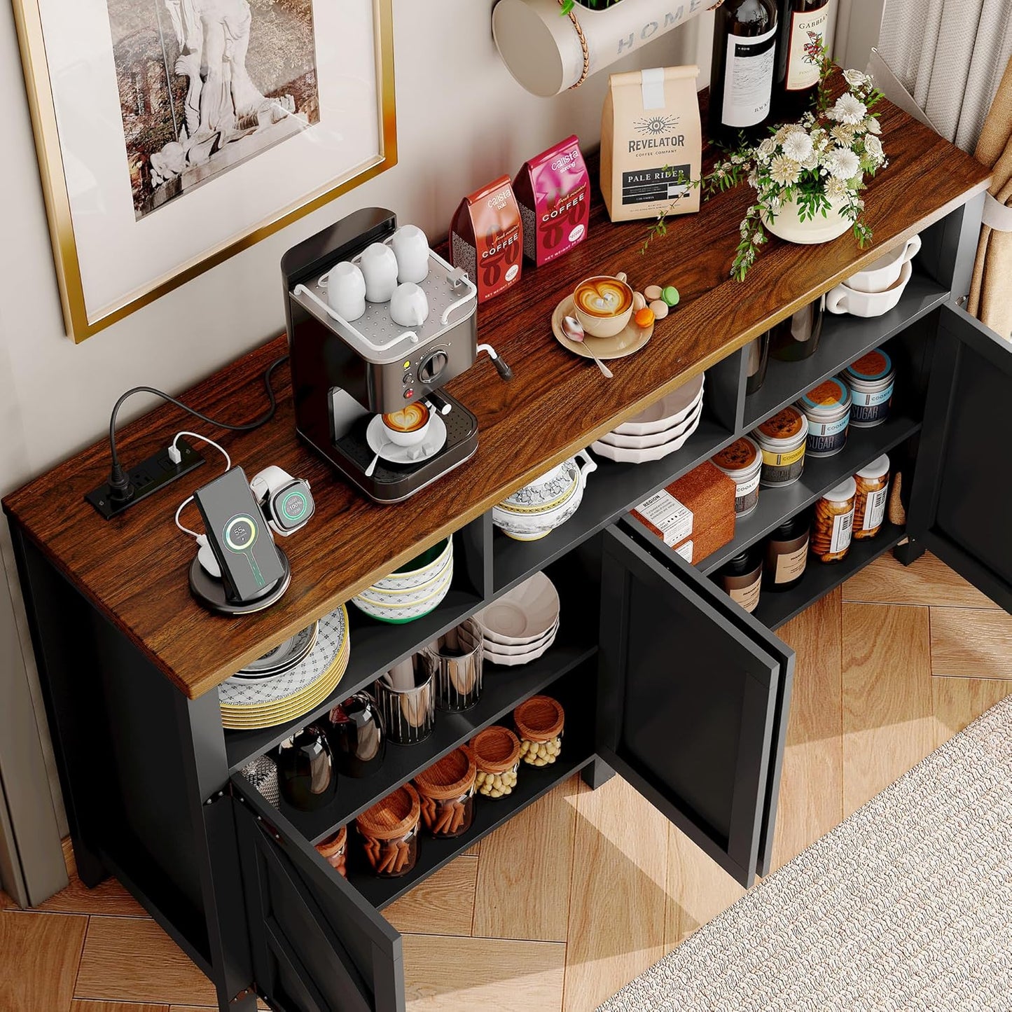 Buffet Sideboard with Storage with Power Outlets & LED Light 4 Doors, 55'' Large Farmhouse Kitchen Storage Cabinet Wood Coffee Bar Cabinet Buffet Table for Kitchen, Dining Room, Entryway