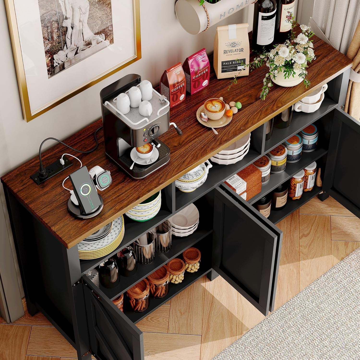 Buffet Sideboard with Storage with Power Outlets & LED Light 4 Doors, 55'' Large Farmhouse Kitchen Storage Cabinet Wood Coffee Bar Cabinet Buffet Table for Kitchen, Dining Room, Entryway