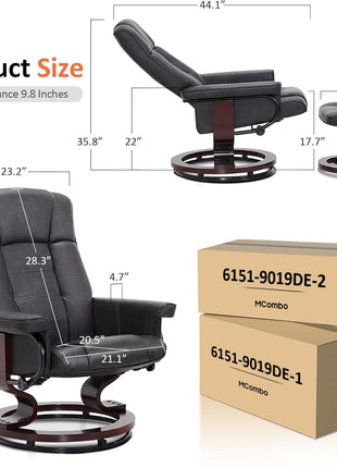 Manual Swivel Recliner and Ottoman Set for Compact Spaces - Dark Grey Faux Leather for Living Room, Bedroom, and Office