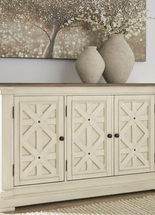 Bolanburg French Country Dining Room Server by Signature Design by Ashley, Featuring 3 Doors and 2 Adjustable Shelves, Wood Construction, Dimensions: 57.88" W x 18.13" D x 36" H, Elegant Two-Tone White and Brown Finish
