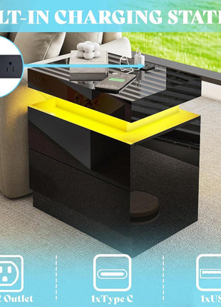 Chic Black 3-Piece LED Coffee Table Set with Charging Stations for Modern Living Spaces