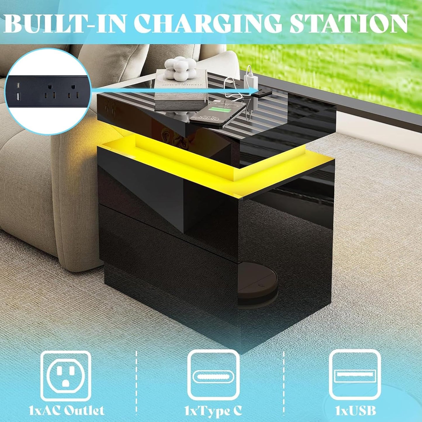 3-Piece High Gloss Living Room Table Set, Includes Modern LED Coffee Table with 2-Tier Design and 2 Matching Nightstands with Charging Station, Black