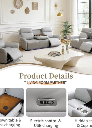3-Piece Power Leather Recliner Sofa Set with Electric Reclining Sofa, Loveseat, and Chair - Home Theater Seating Featuring Cup Holders, USB Ports, and Storage Console